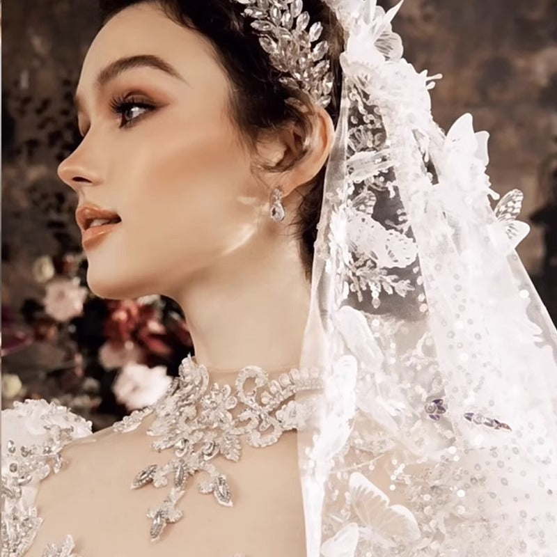 Europese Prinsessen Stijl Elegante Heavy Industry Royal Hoge Hals Pailletten Trouwjurk met Lange Sleep en Prinsessen Mouwen voor Dames  & Plus-size