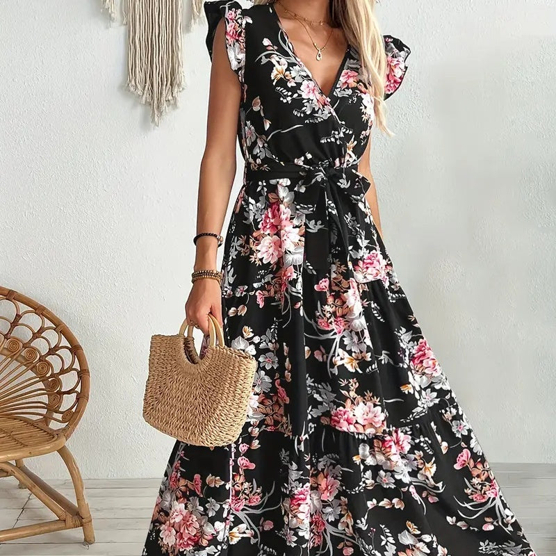 Elegante Zwarte Bloemenprint Maxi-jurk met V-hals en Korte Mouwen voor Dames & Plus-size