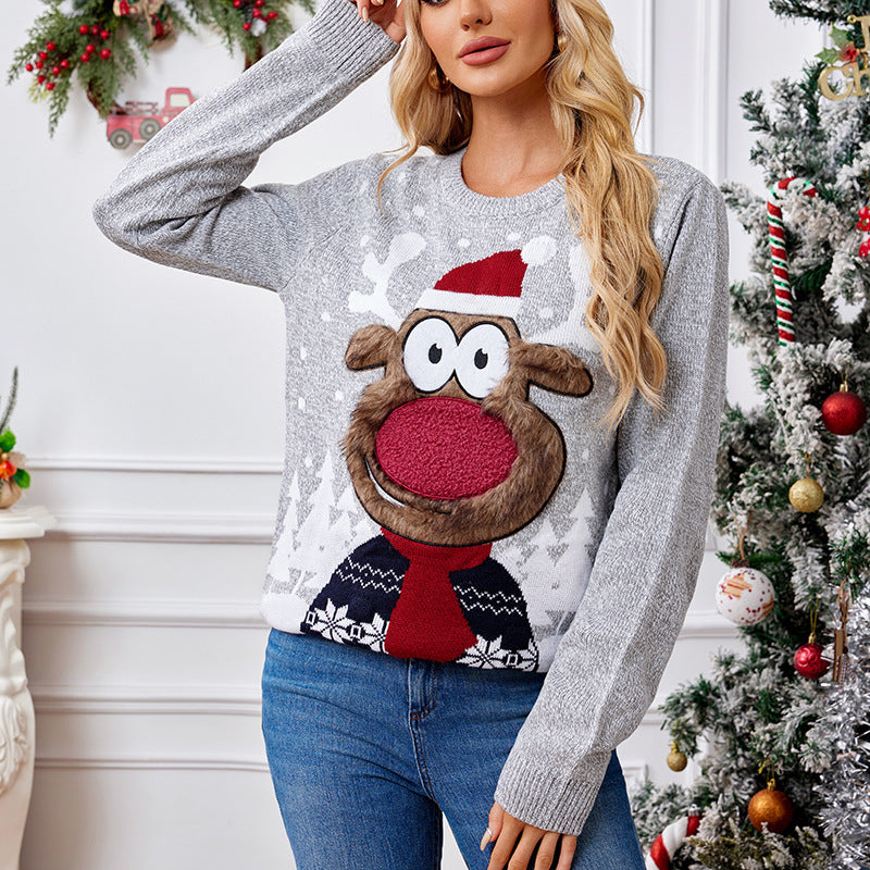 Kerstmis Stijlvolle Casual Oversized Grijze Kerst-Trui met Rudolph-patroon voor Unisex