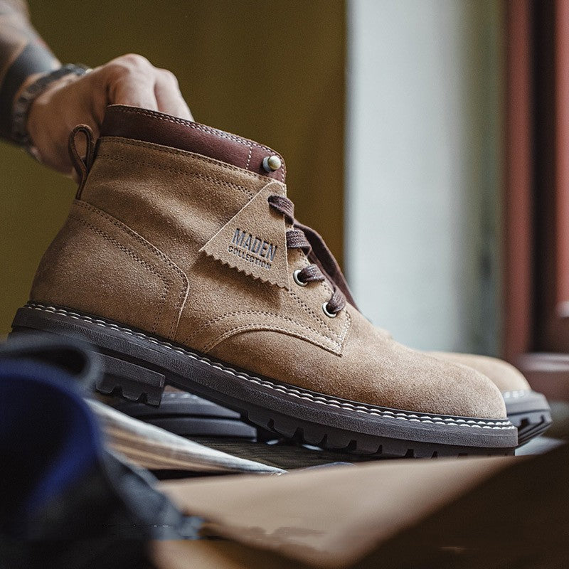 Amerikaanse Retro Effen Kleur Werkschoenen van Echt Suède-leer met Vetersluiting en Ronde Neus voor Heren