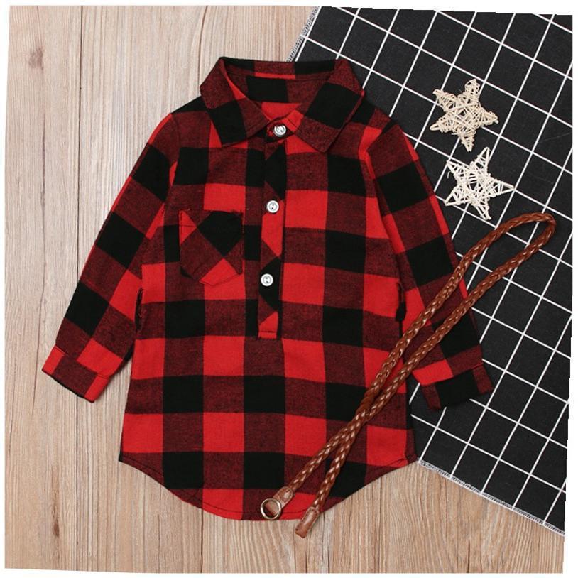 Amerikaanse Modieuze Lange Geruite Rode Jurk met Riem en Knoopsluiting voor Meisjes